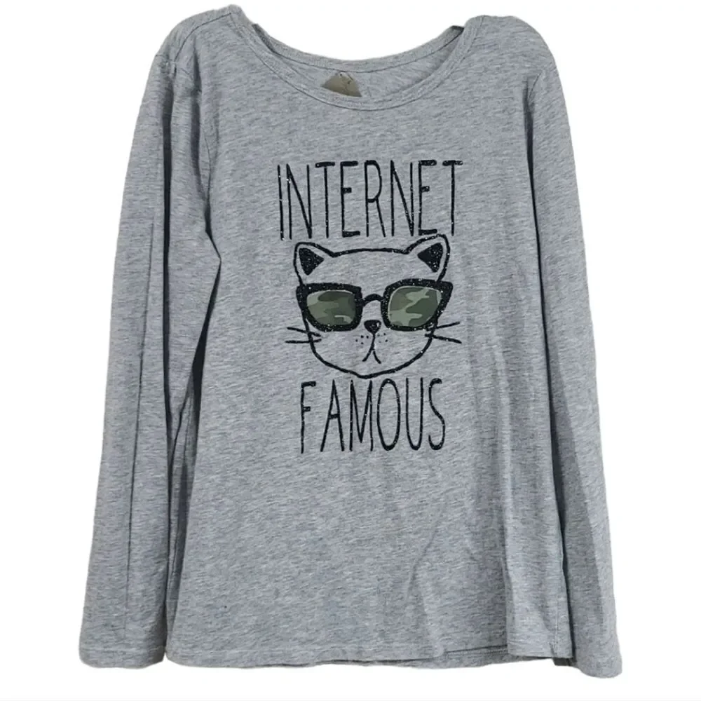 Justice Girls 8 Gray Long Sleeve INTERNET FAMOUS Cat Camo Shades Shirt T-Shirt